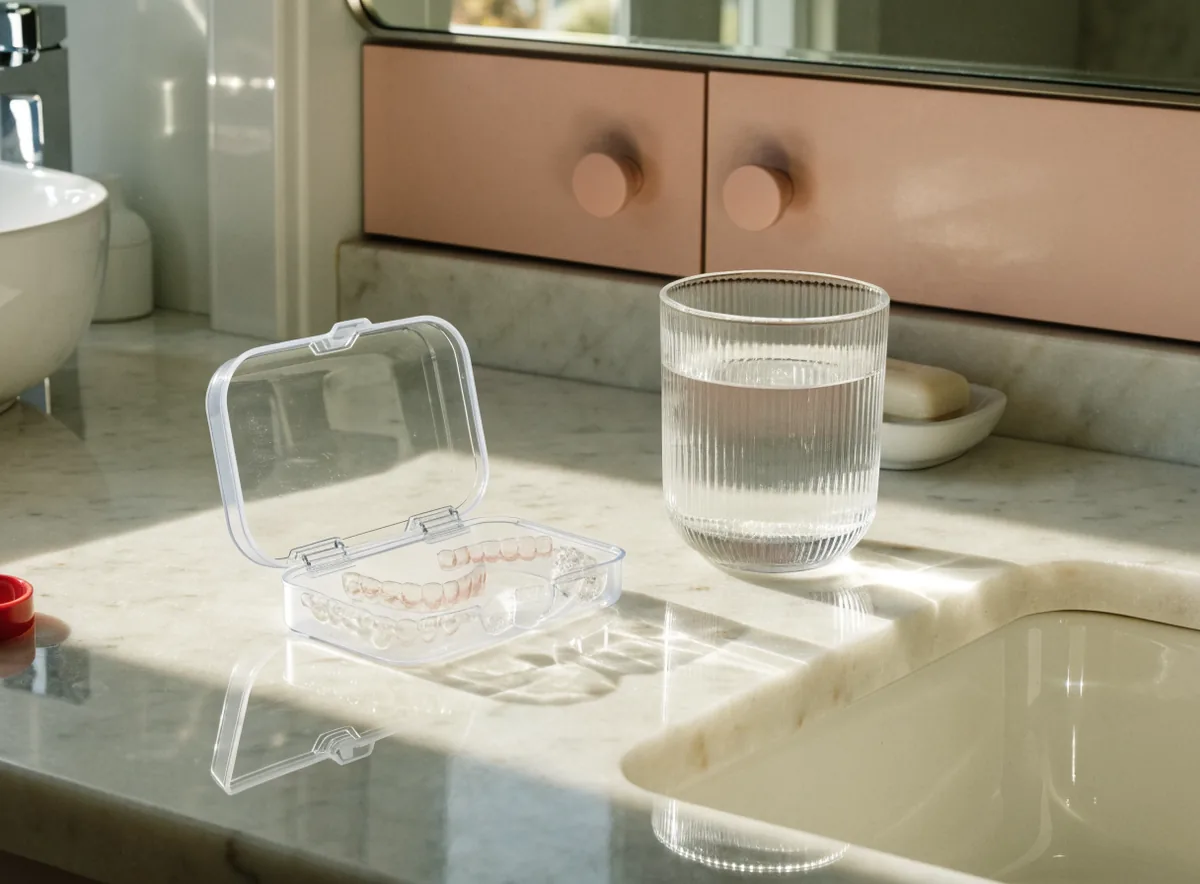 Clear aligner case and water glass on a bathroom counter (illustrative)