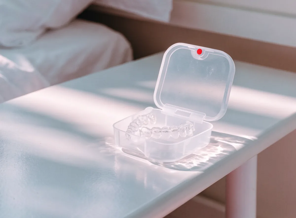 Clear aligner in its case (illustrative)