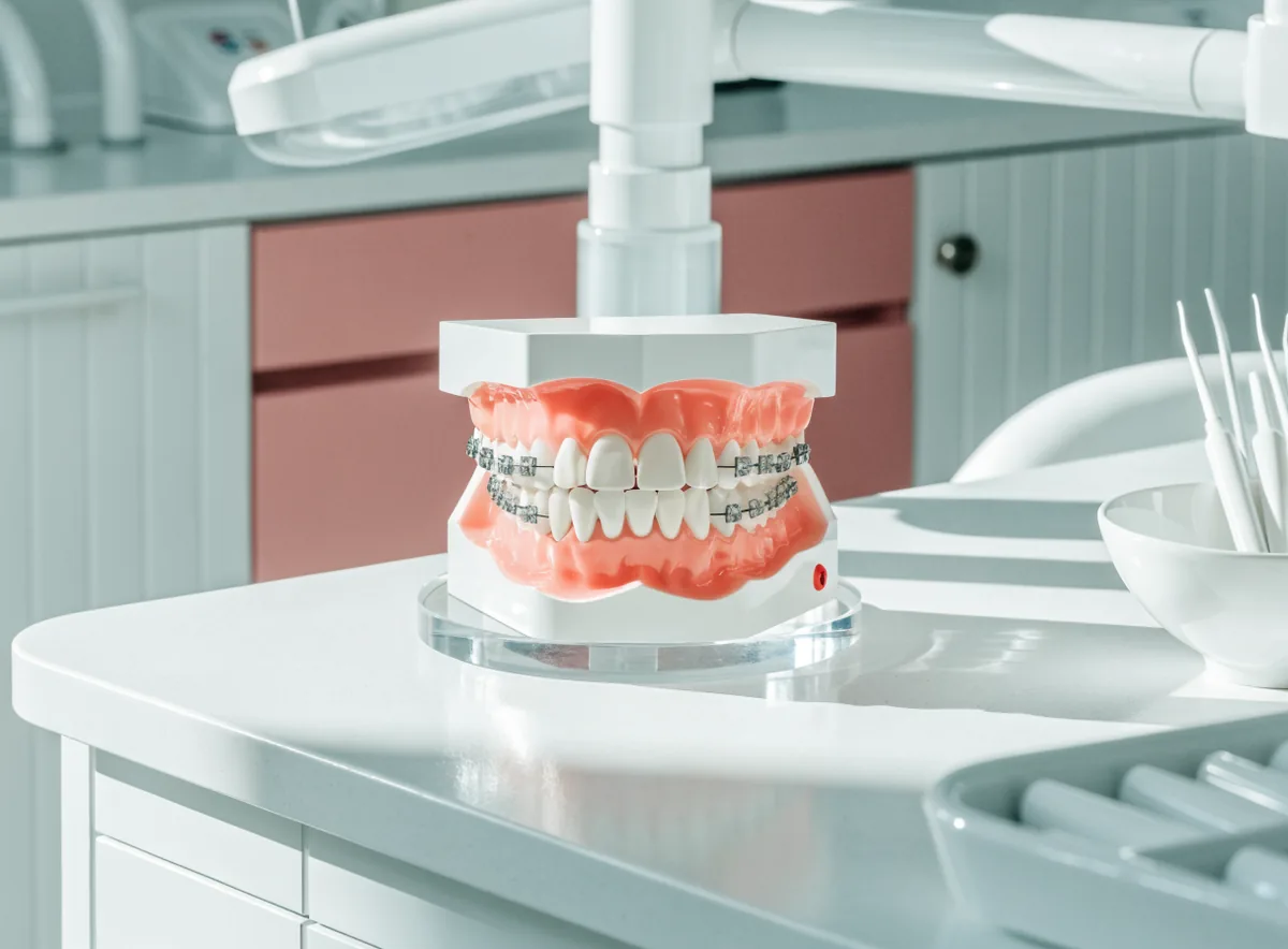 Orthodontic braces on a dental model (illustrative)