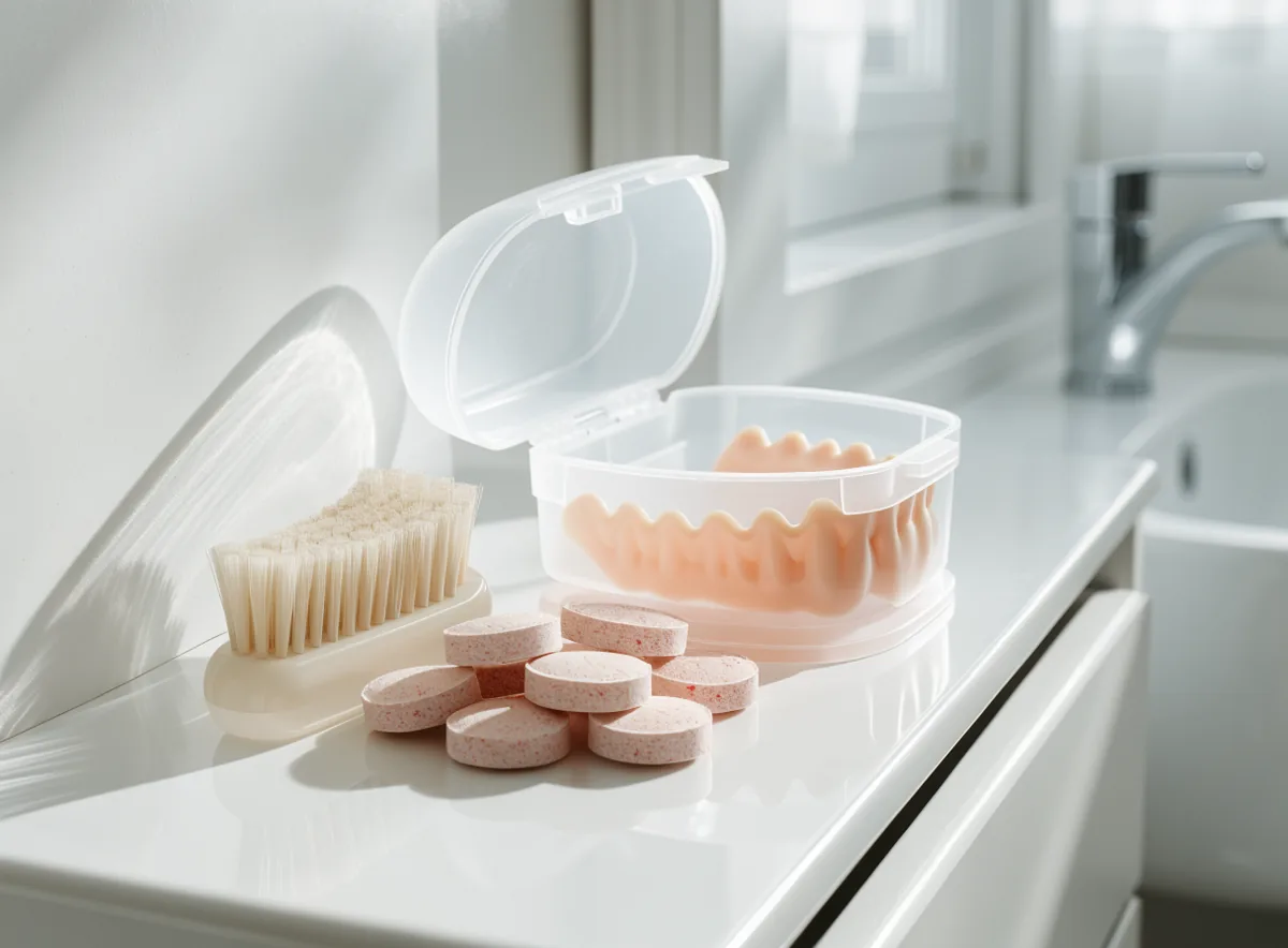 Denture care items on a bathroom shelf (illustrative)