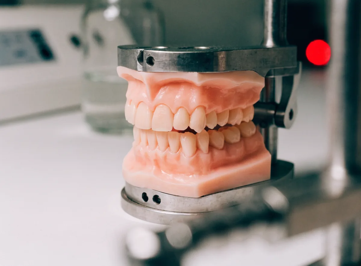Full-arch dental model on an articulator (illustrative)