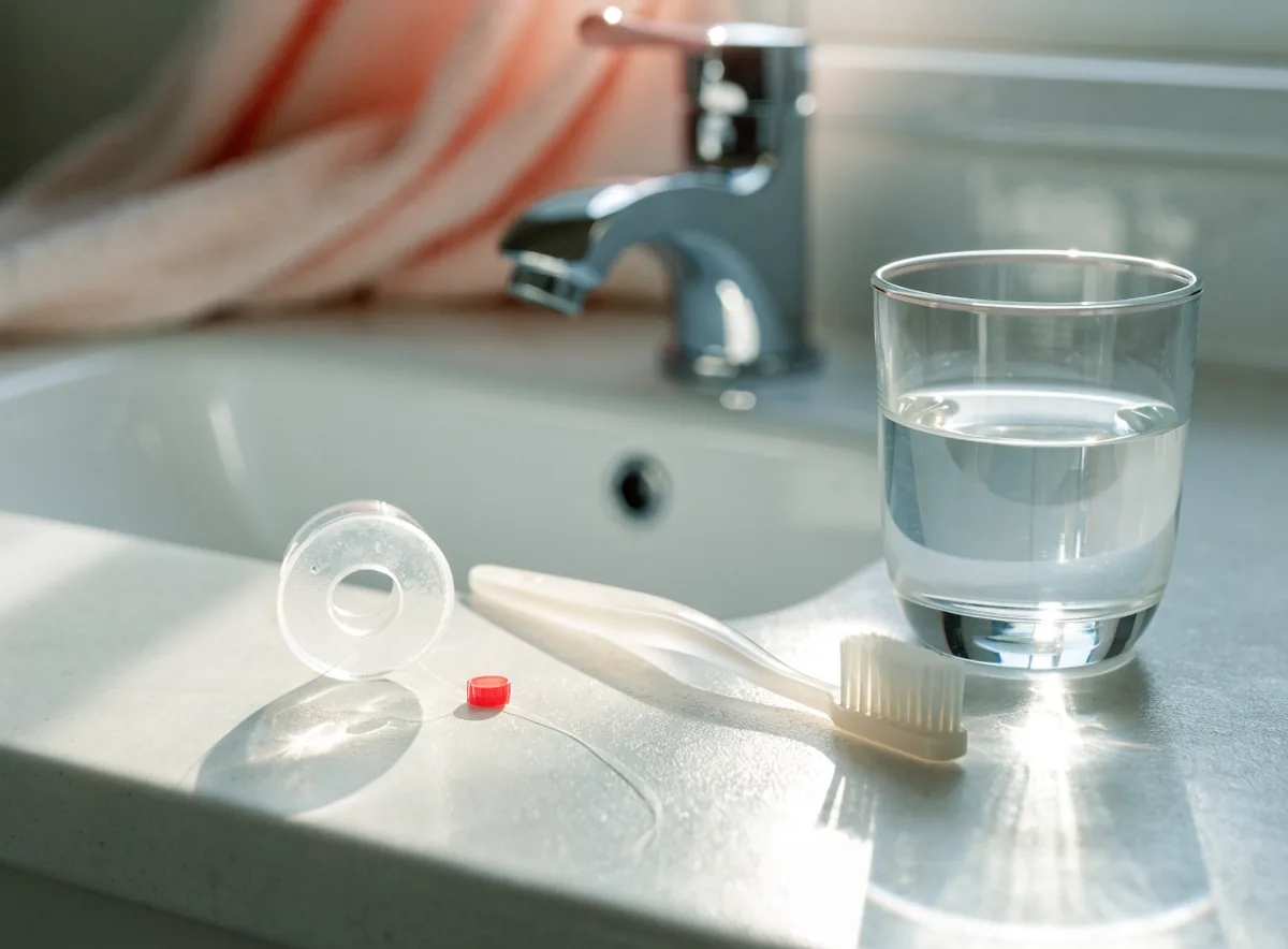 Toothbrush and dental floss on a bathroom counter (illustrative)