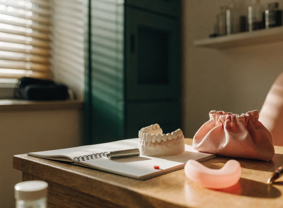 Implant post and jaw model on a consultation desk (illustrative)