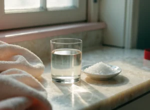 A glass of water beside a small dish of salt on a bathroom counter (illustrative)