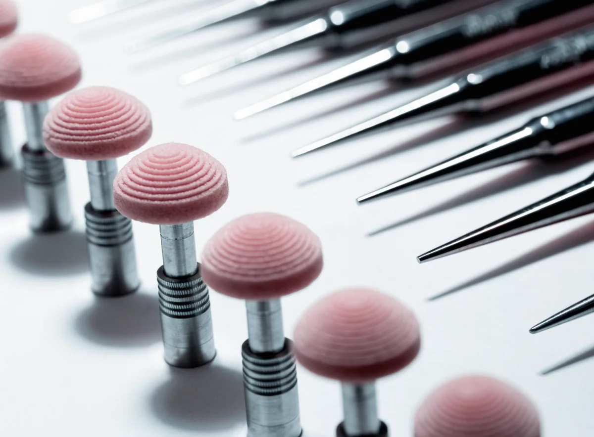 Polishing cups and scaler tips on a white tray (illustrative)