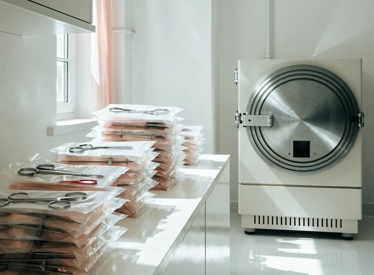 Clinic sterilisation area with autoclave (illustrative)