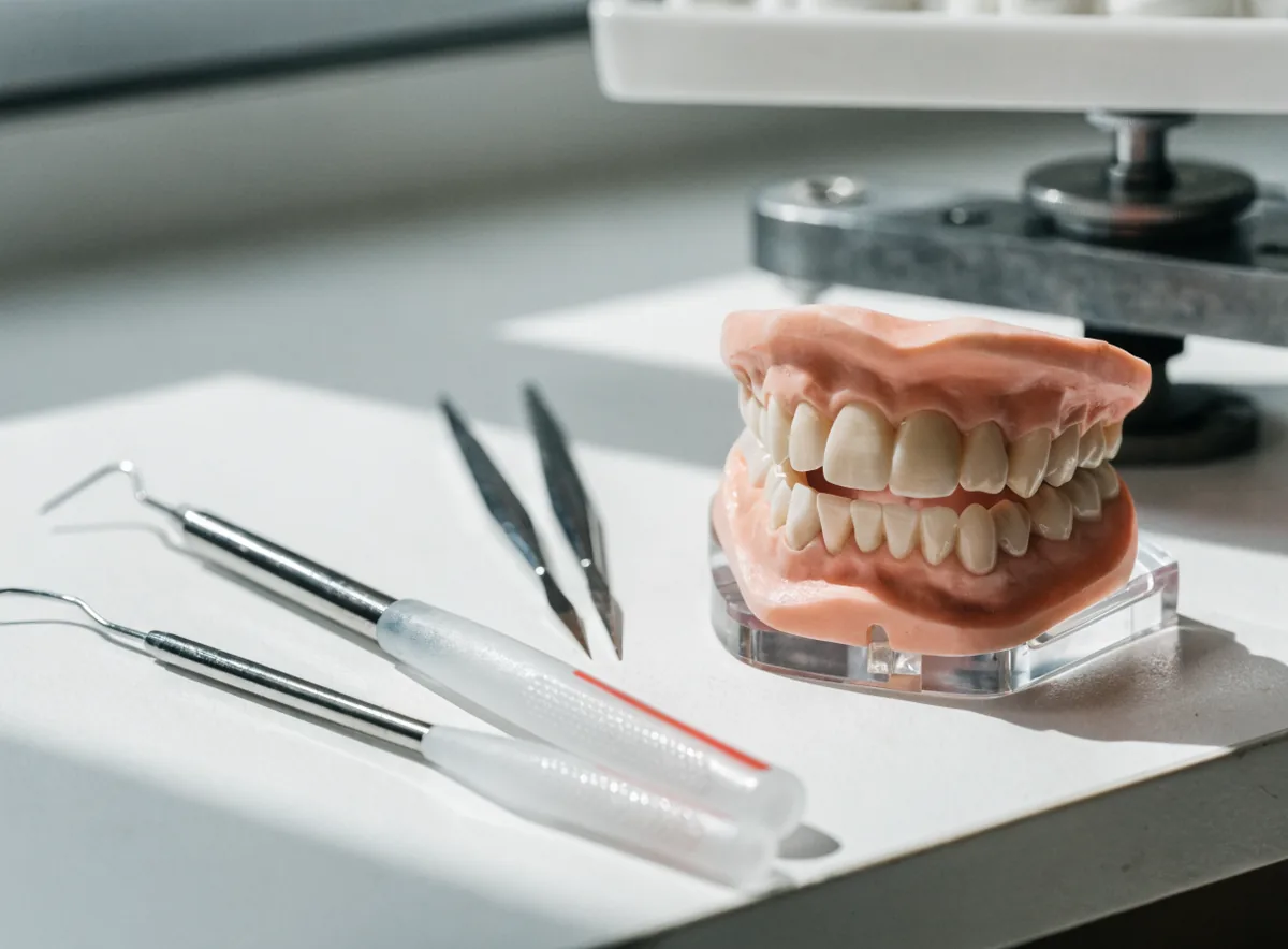 Smile design wax-up model and carving instruments (illustrative)