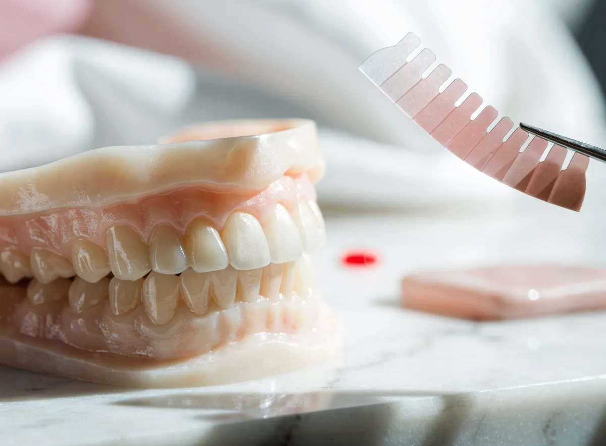 Veneer shade matching against a smile model (illustrative)