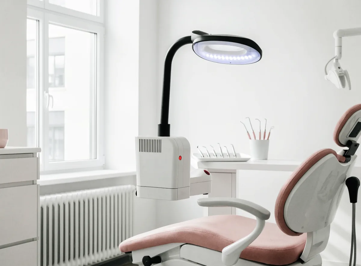 Professional teeth whitening lamp in a clinic room (illustrative)